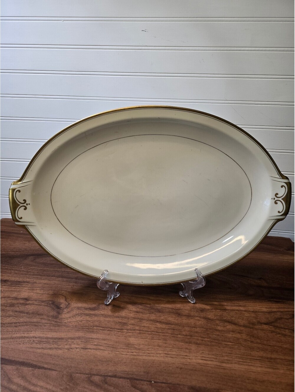 Vintage Meito China Japan Ivory Serving Platter Hand Painted Gold Trim